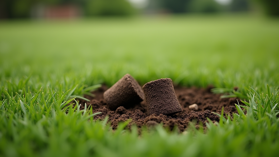 Close-up view of lawn aeration process with soil plugs removed