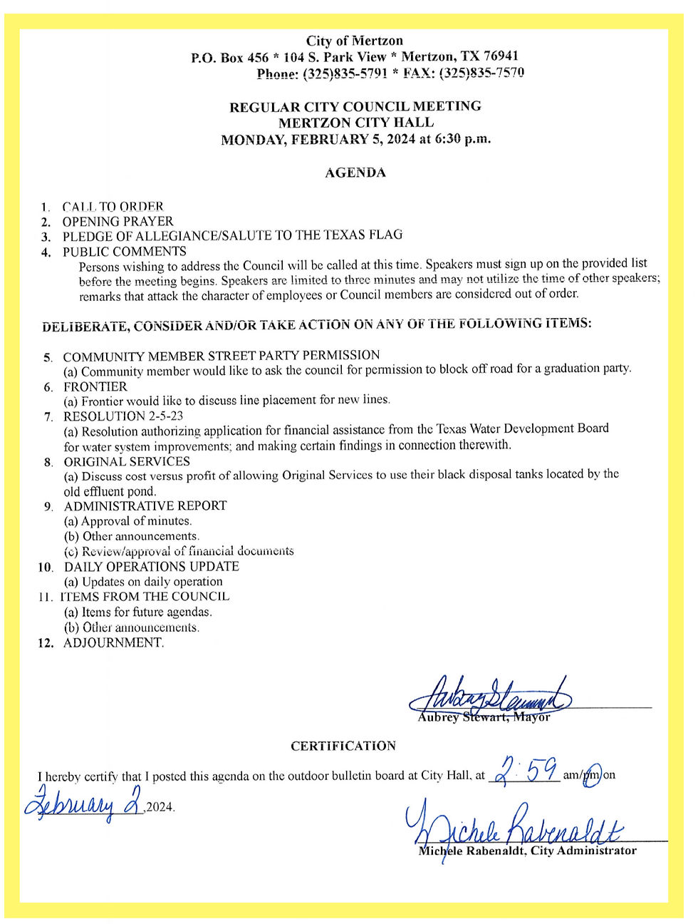 An agenda of a public meeting.