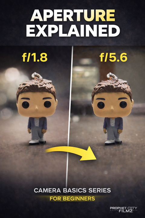 Side-by-side image of a figurine shot at f/1.8 and f/5.6 showing blurred and sharper backgrounds