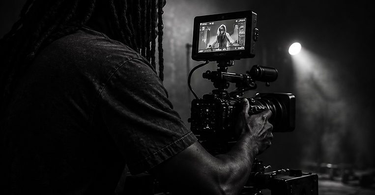 Filmmaker operating a professional cinema camera on dimly lit film set