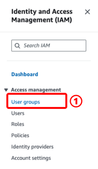 From the IAM dashboard, select 'User groups'