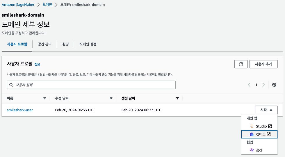 SageMaker Canvas의 도메인이 생성되었으면 사용자 프로필에서 시작을 눌러 캔버스를 시작할 수 있습니다.