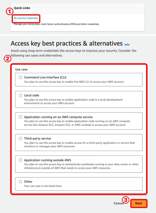 navigate to the 'Security credentials' tab  and select 'Create access key' to generate a new access key