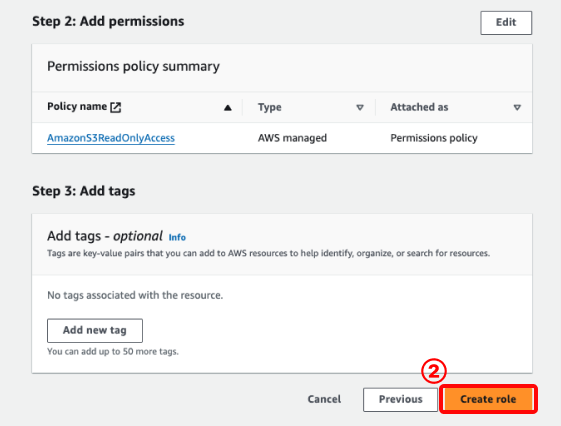 Add 'Tags' if needed, then click 'Review' and click to 'Create roles'