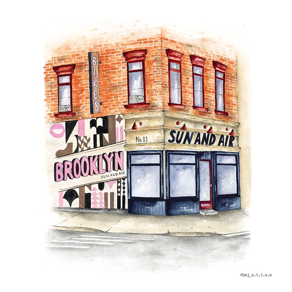 urbane Watercolorillustration mit altem Backsteinhaus und Streetart an einer Kreuzung in Brooklyn