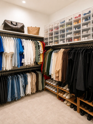 Organized walk-in closet from unpacking services dallas tx