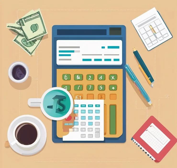 A calculator with notes, pencils on the right hand side, on the left top corner a couple of folded dollar bills, 2 cups of coffee and a magnifying glass that is magnifing a -3.