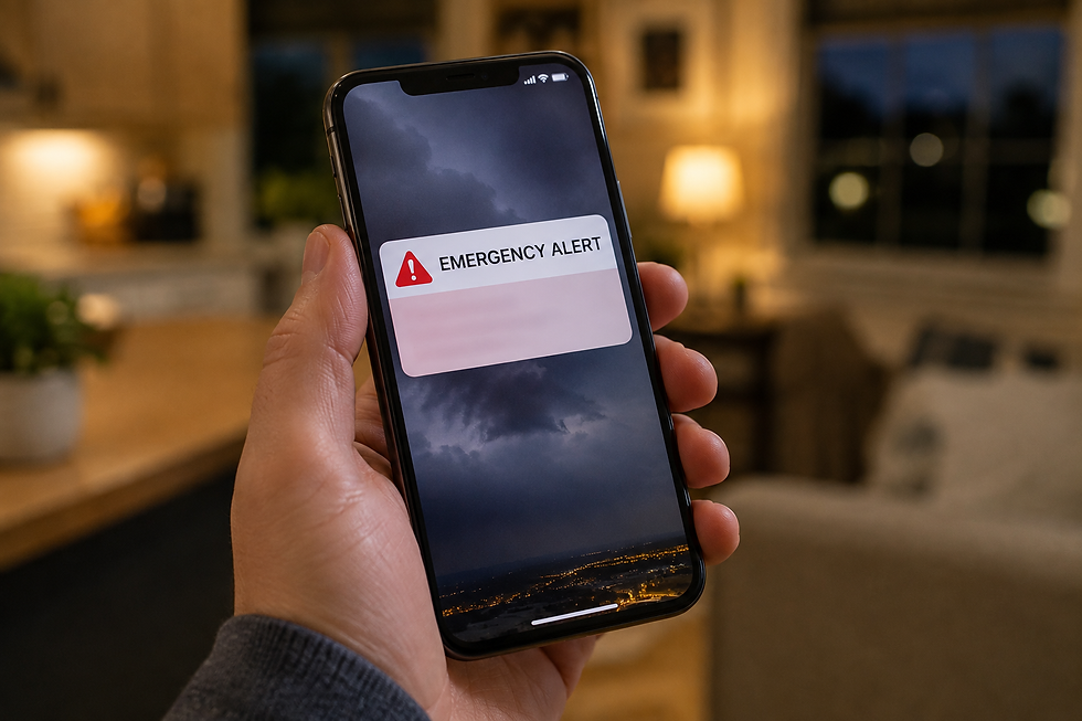 Homeowner receiving an HOA community emergency weather alert notification on a smartphone inside a residential home