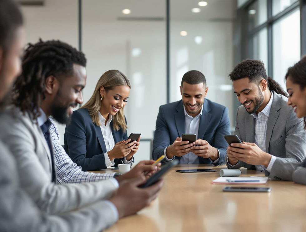 Office setting board room with people at the table receiving alerts on their phone.