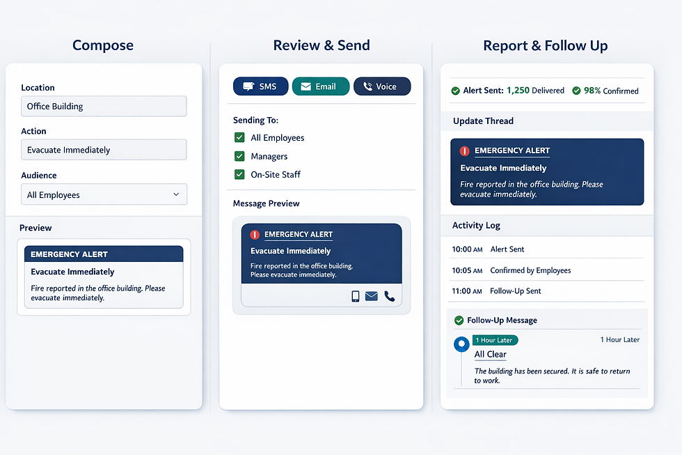 Three-panel workflow showing message building, multi-channel preview, and delivery confirmation for an effective emergency alert.