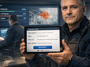 Incident commander reviews a structured emergency alert on a tablet while delivery confirmations and affected zones appear on nearby displays.