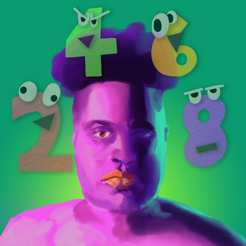 Painting of a purple human head with a green background and the numbers 2,4,6 and 8 surrounding the head