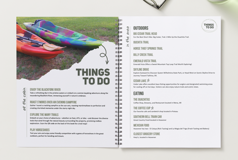 10-Page welcome book for guests of Blackfork Cabins.