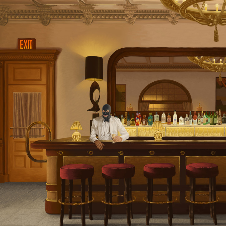 dotpigeon, balaclava, ski mask, luxury, interior, chelsea hotel, barman, bartender, alcohol, booze, tuxedo, bottles, gin, wine, vodka