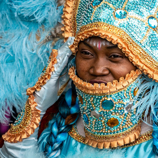 Detailaufnahme Perlen und Federn eines Mardi Gras Indian Kostüms, New Orleans