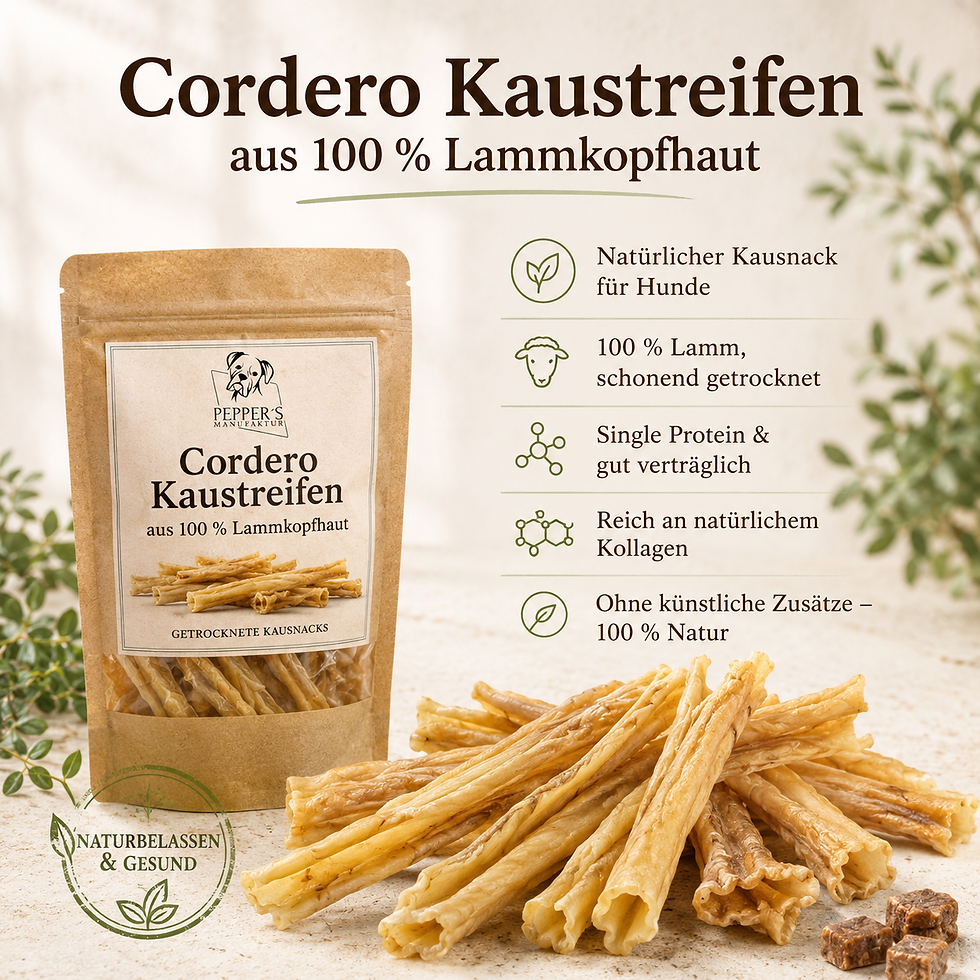 Miniaturbild: Cordero Kaustreifen – 100 % Lammkopfhaut für natürlichen Kauspaß