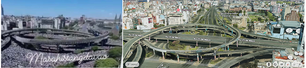 Aerial views on Google Earth showcase the Au 25 de Mayo highway's intricate loops alongside the Immaculate Heart of Mary Church in Buenos Aires, highlighting the city's urban landscape.