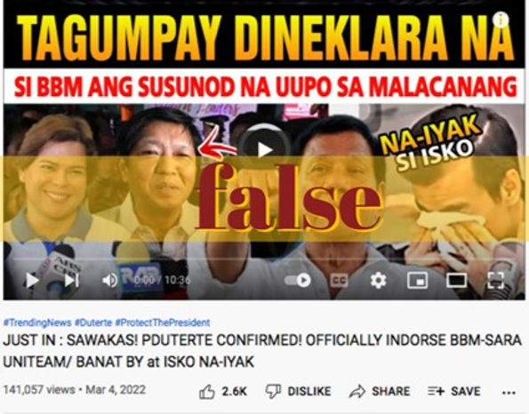 Image accompanying President Duterte has endorsed Marcos, daughter