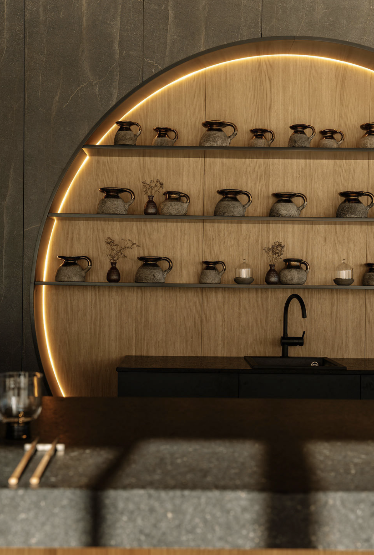 Wooden shelves with decorative pots illuminated by a soft yellow light.