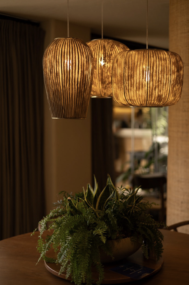 Three decorative pendant lights above a table with green plants in a bowl.