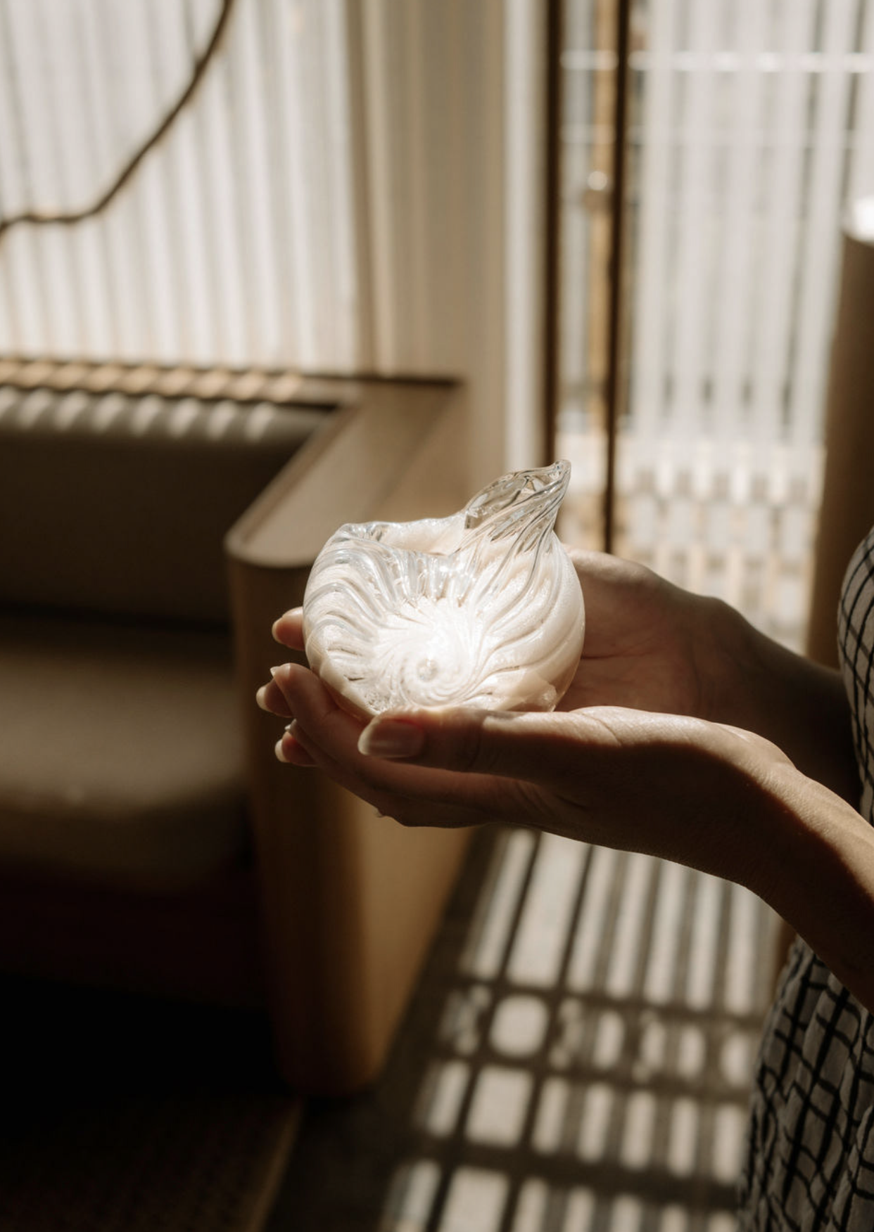 Woman holding seashell near window, natural light, interior design, home decor