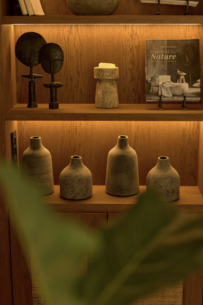 Wooden shelf with vases, sculptures, and a book titled Nature, indoor decor.