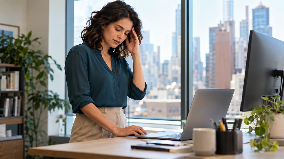 Woman at a standing desk in a NYC office pressing her fingertips to her temple with a tension headache at work