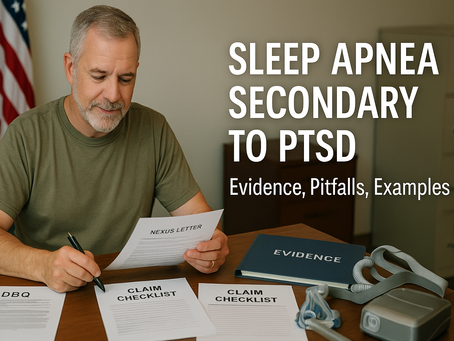 Veteran reviews claim documents with CPAP device on desk.