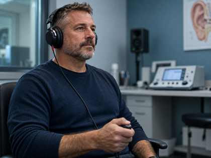 Veteran wearing headphones during a hearing evaluation for a VA tinnitus disability claim