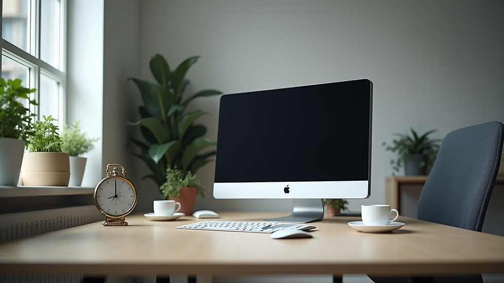 Eye-level view of a modern ergonomic office desk setup with chair and computer monitor