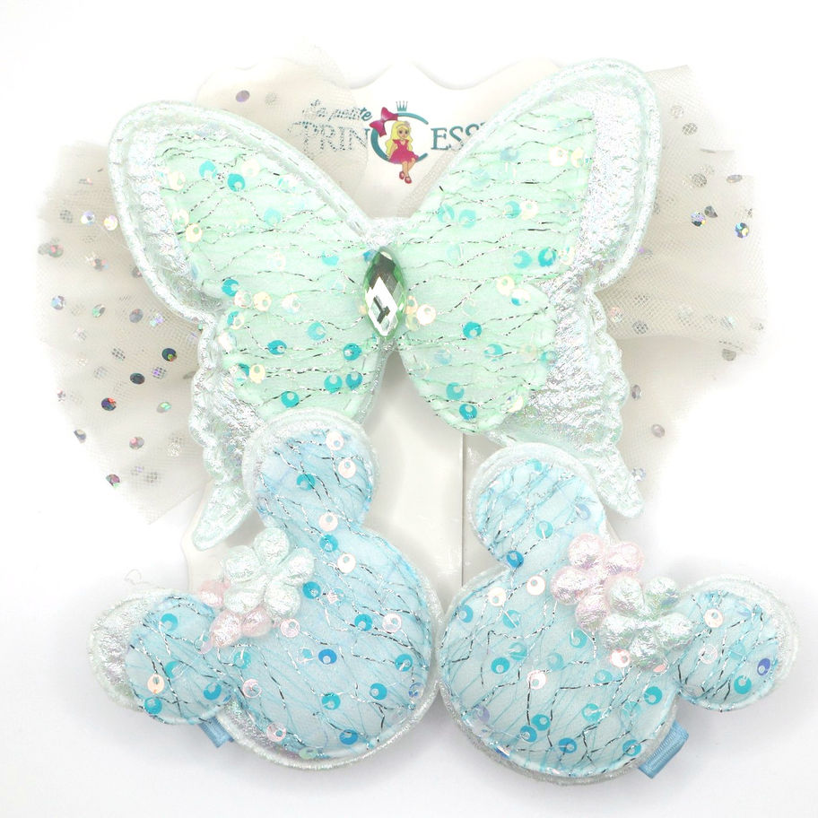 Girls green butterfly hair clips set: sequin tulle butterfly bow with two pale blue mouse ear hair clips