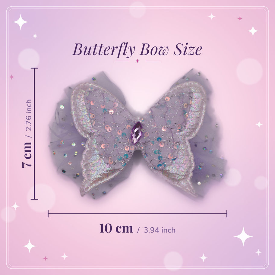 Girls lilac butterfly hair bow clip size chart, 10 cm wide x 7 cm high