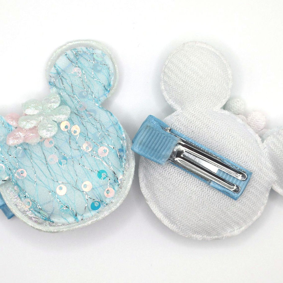Front and back view of the girls green butterfly hair clips set, sequin tulle bow and mouse ear clips