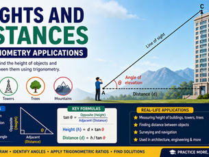 Heights and distances trigonometry application with angle of elevation diagram for students