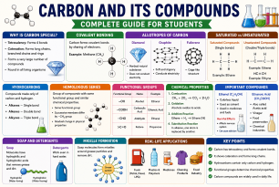 carbon and its compounds chemistry banner showing covalent bonding, hydrocarbons, functional groups and carbon compounds concepts for students
