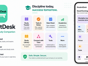 StudentDesk app interface showing study tracker, tasks, and academic dashboard for students