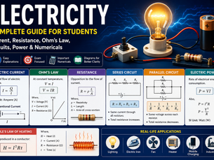 electricity physics banner showing electric current, Ohm’s law, circuits, resistance and power formulas for students
