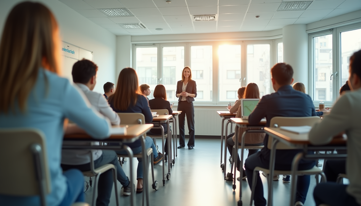 Eye-level view of a colorful classroom with students and a teacher