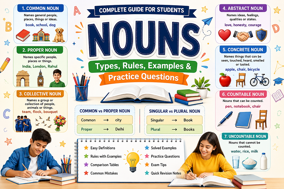 Nouns educational infographic explaining common, proper, collective, abstract, concrete, countable, and uncountable nouns with simple examples for school students.