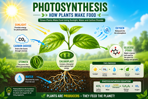 photosynthesis biology banner showing green plant making food using sunlight water and carbon dioxide while releasing oxygen