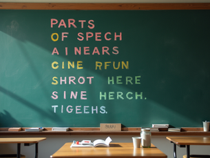 Parts of Speech educational infographic showing nouns, pronouns, verbs, adjectives, adverbs, prepositions, conjunctions, and interjections with simple English grammar examples for school students.