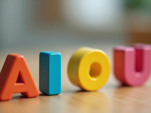 english vowels learning banner showing A E I O U letters, pronunciation examples and basic grammar concepts for students and beginners