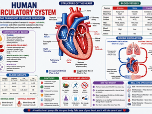 Human Circulatory System educational infographic showing the heart, blood vessels, blood circulation, blood components, double circulation, and blood groups for school students.