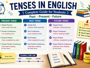 english tenses grammar banner showing present tense, past tense, future tense and sentence examples for students