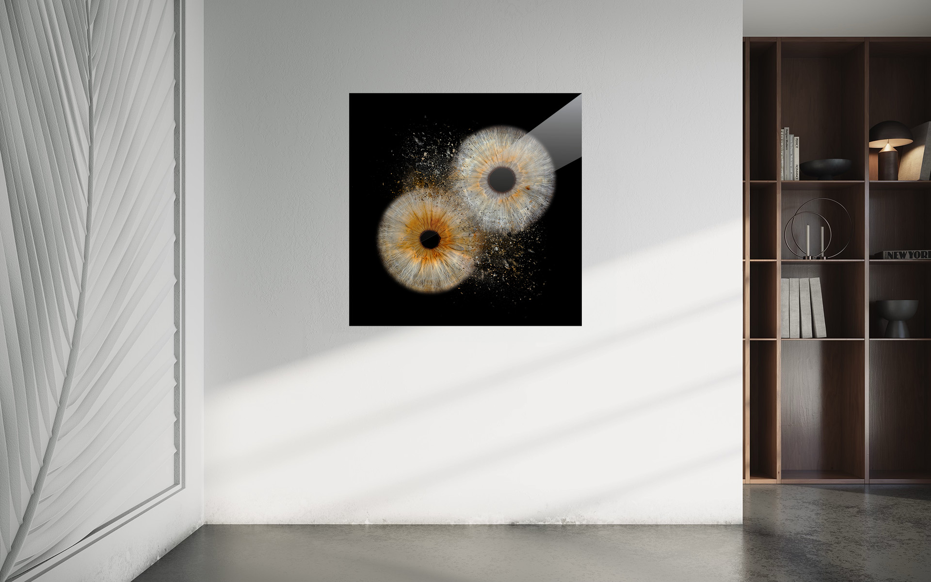 Ein Iris Foto Clash auf Acryl-Glas an einer modernen Schlafzimmer Wand