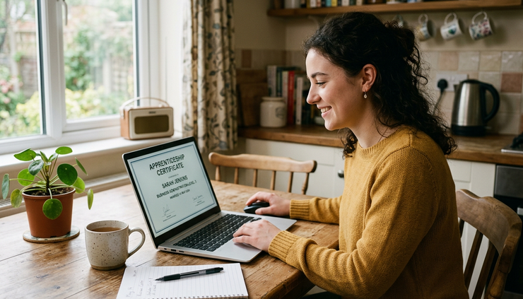 Eye-level view of an apprentice checking a certificate on a laptop at a kitchen table