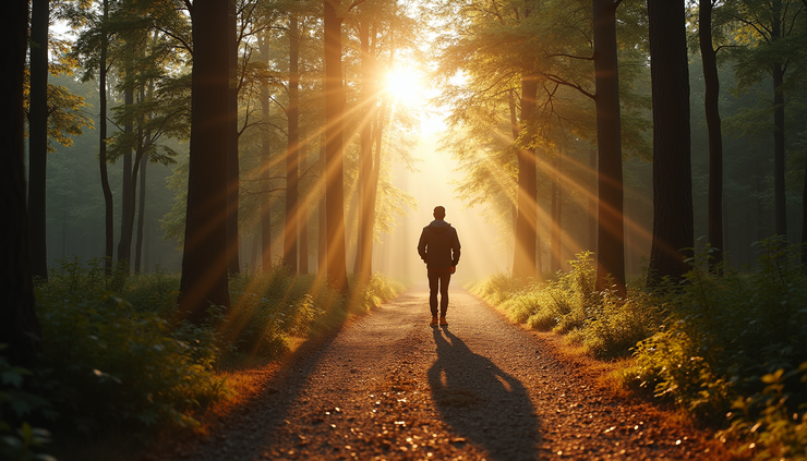 Eye-level view of a person walking on a forest path surrounded by sunlight filtering through trees