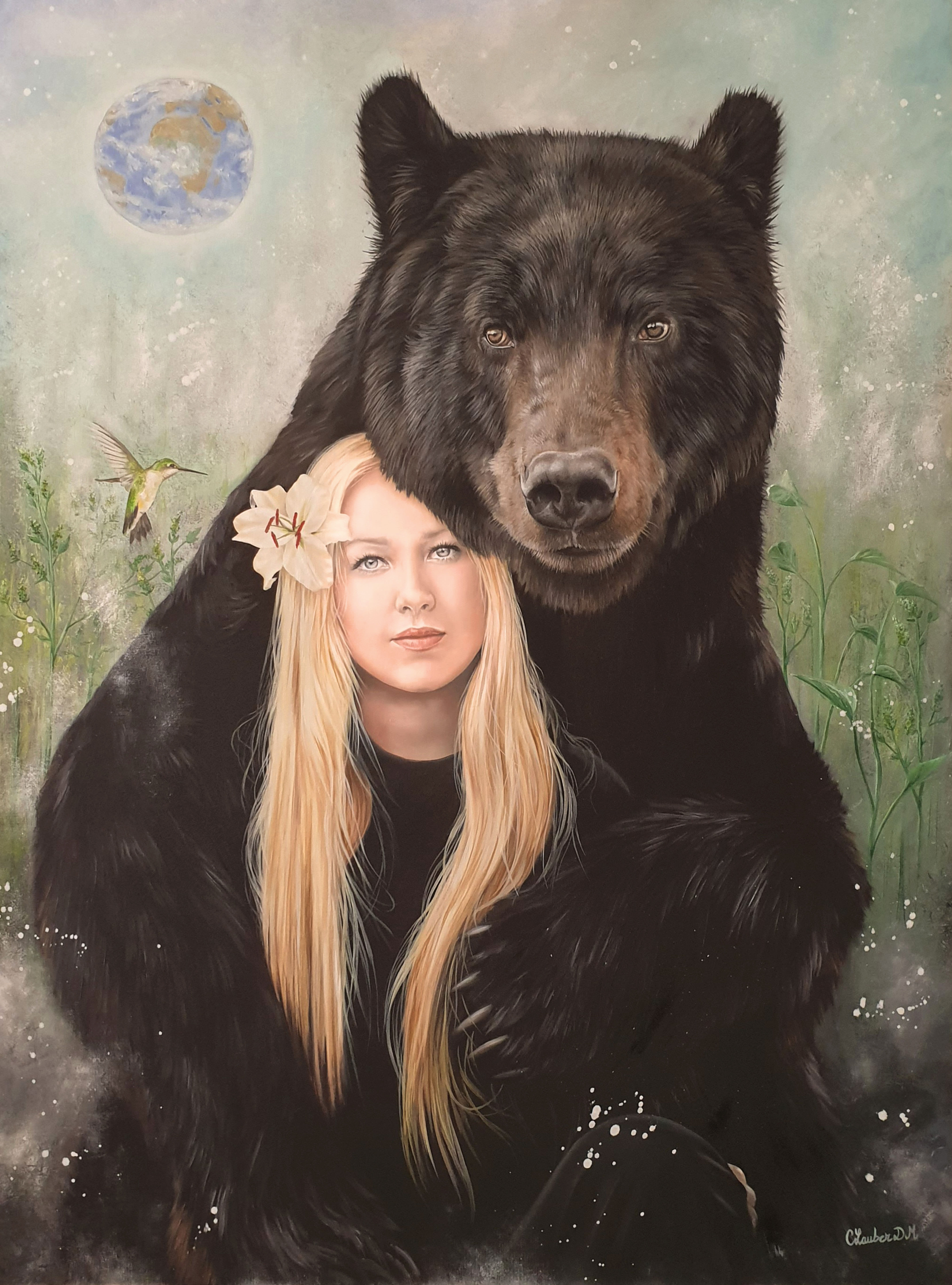 ours brun et femme à la peinture à l'huile