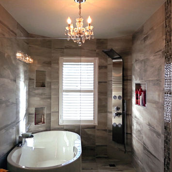 Salle de bain, peinture, baignoire, douche, vanité, boiseries, finition, rénovation, maison