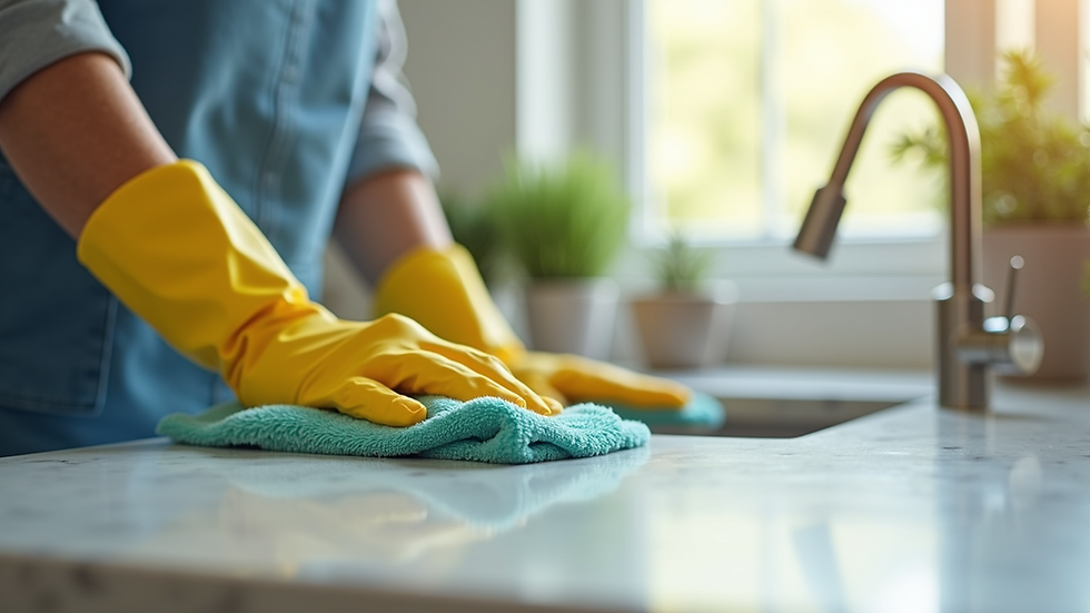 Close-up view of a cleaner wiping a kitchen countertop with eco-friendly products